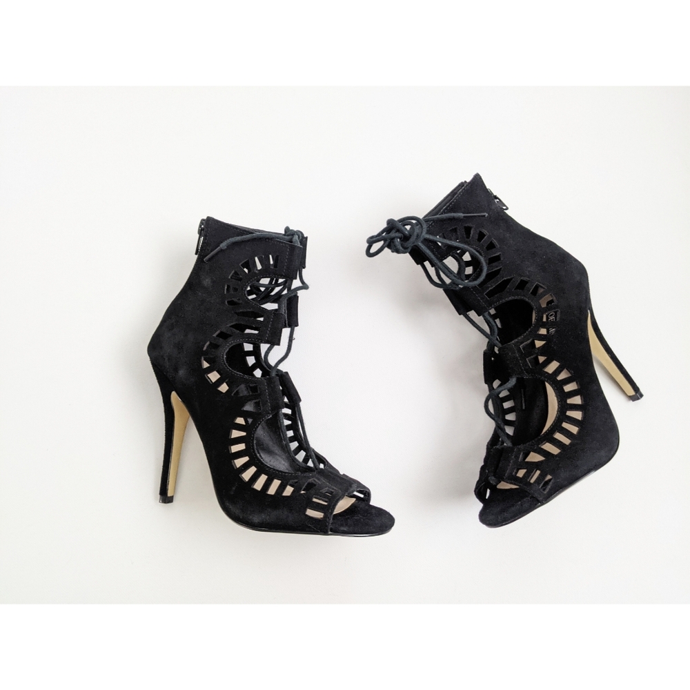Shoemint Black Suede Leather Lace up Cut out High Heel Sandals Women's Size 5.5